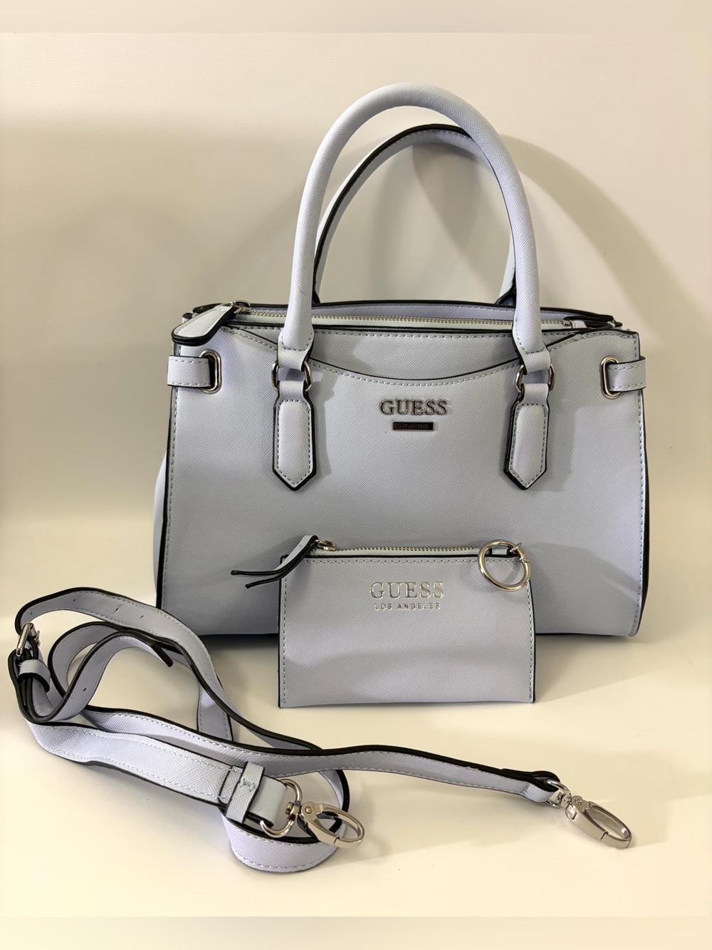 GUESS Satchel Handbag Light Blue  Crossbody Purse w/ Wallet Zip Top Faux Leather